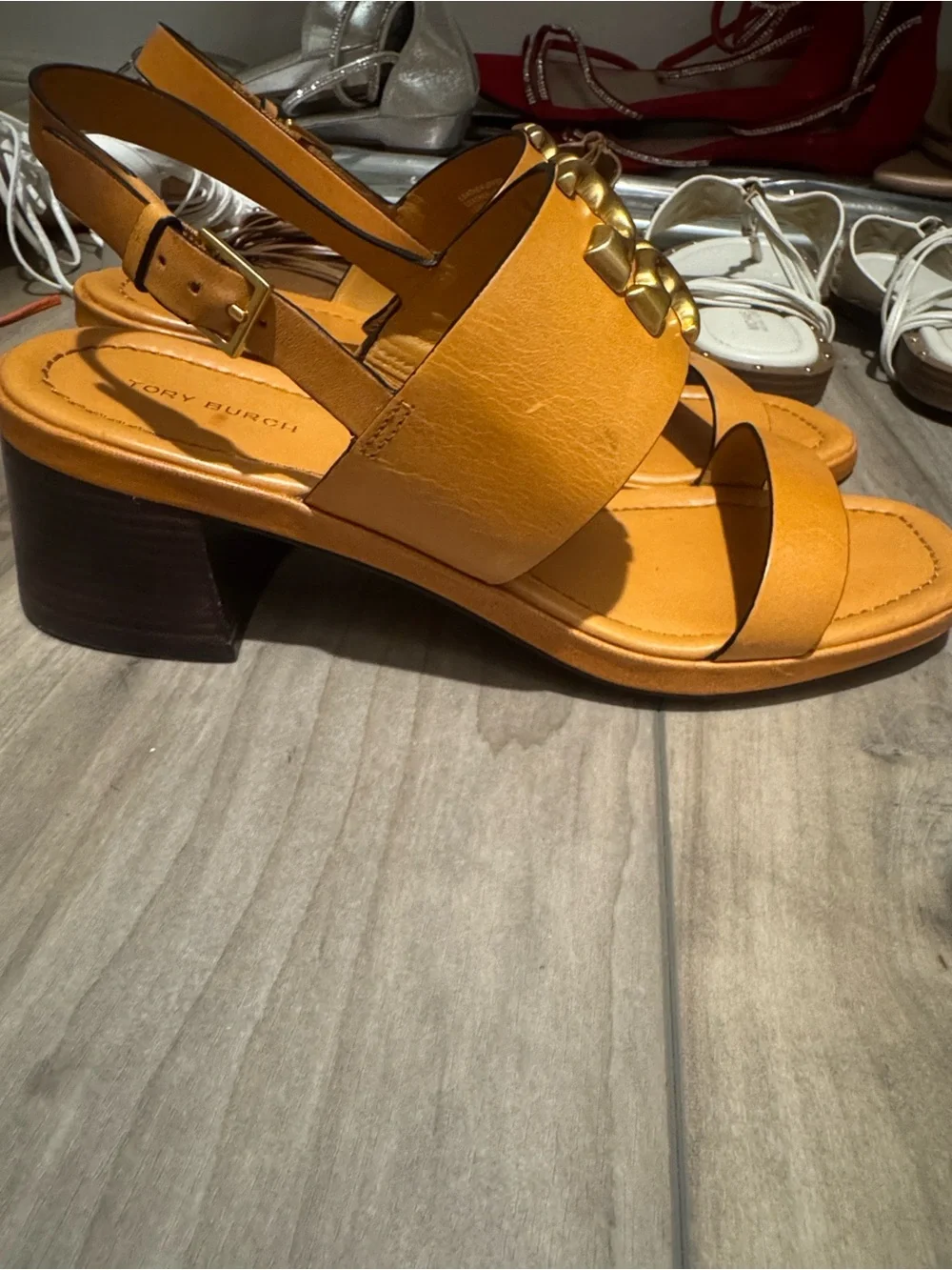 Tory Burch Eleanor Two-Band Medallion Slingback Sandals Cognac